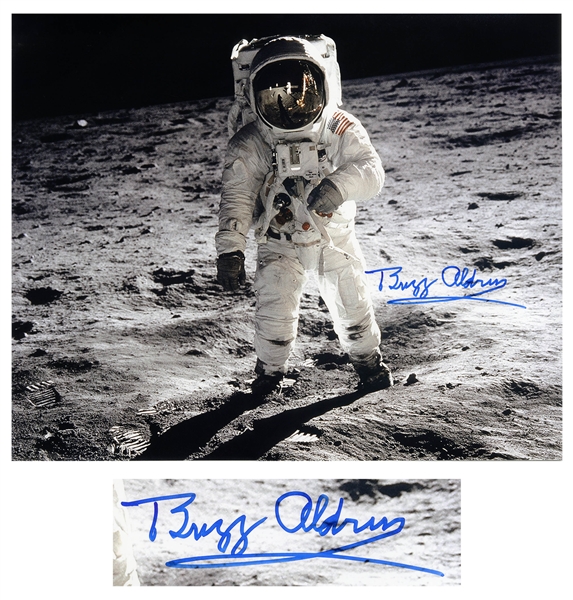 Buzz Aldrin Signed 20'' x 16'' Photo as He Walks on the Moon