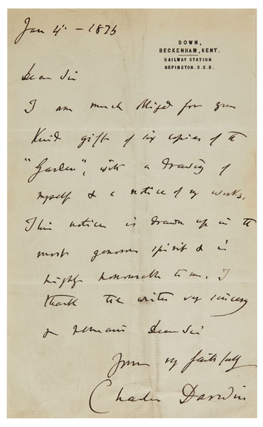 Charles Darwin Autograph Letter Signed -- Darwin Finally Receives Acclaim for His Works, ''...in the most generous spirit & is highly honourable to me...''