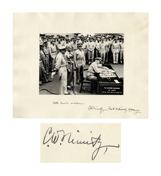 Admiral Chester Nimitz 14'' x 11'' Twice-Signed Photo of the Japanese Surrender -- Near Fine & Uninscribed