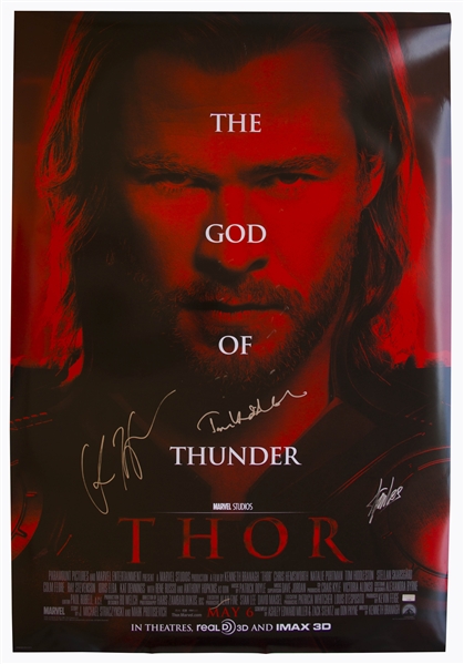Thor screen used memorabilia Chris Hemsworth, Tom Hiddleston & Stan Lee Signed ''Thor'' Poster -- Measuring 27'' x 40''