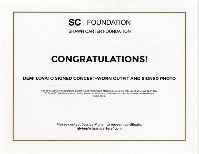 Demi Lovato Concert-Worn Outfit, Signed by the Superstar -- Also With Signed Photo