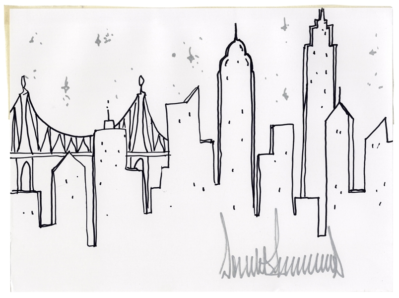 Donald Trump Signed Drawing of the New York City Skyline in Winter -- Rare Original Artwork by the President