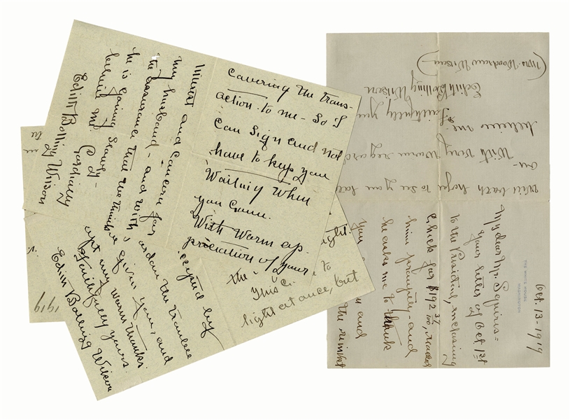 Edith Bolling Wilson Lot of 3 Autograph Letters Signed as First Lady Just After President Wilson's Stroke, as She Hid the President's Condition -- ''...the doctors are keeping him so quiet...''