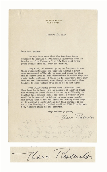 Eleanor Roosevelt Letter Signed as First Lady -- Roosevelt Tries to Help Students From the American Youth Congress