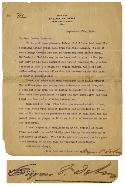 Eugene Debs Letter Signed, Shortly After He Was Released From Prison -- ''...There are souls with whom communion is possible without the written page...''
