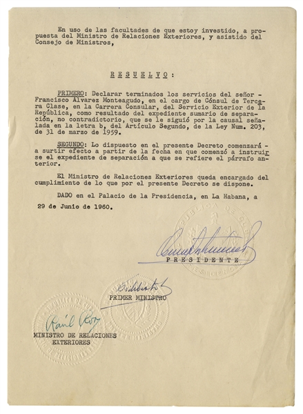 Fidel Castro Document Signed as Prime Minister From 1960 -- Castro Confirms the Separation of a Consul