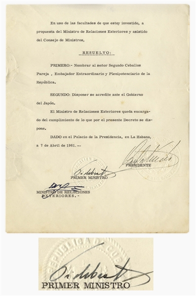 Fidel Castro Document Signed as Prime Minister From 1961 -- Cuba Appoints an Ambassador to Japan