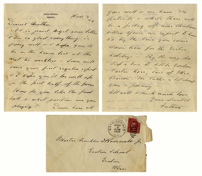 Franklin D. Roosevelt Autograph Letter Signed From Warm Springs & Signed Cover -- ''...we have 34 patients & while there will be a falling off over Christmas...we expect to heave 50...''