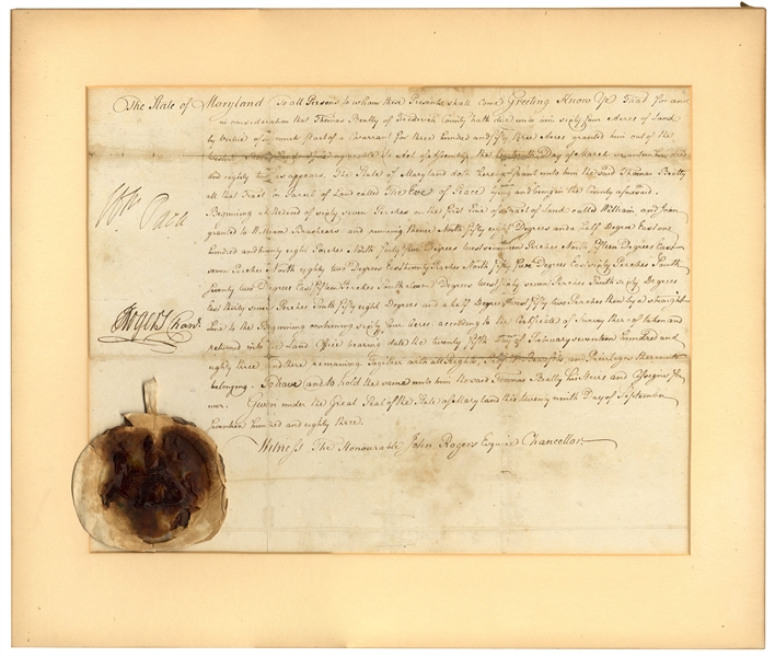 Declaration of Independence Signer, William Paca Document Signed -- Countersigned by John Rogers -- With University Archives COA
