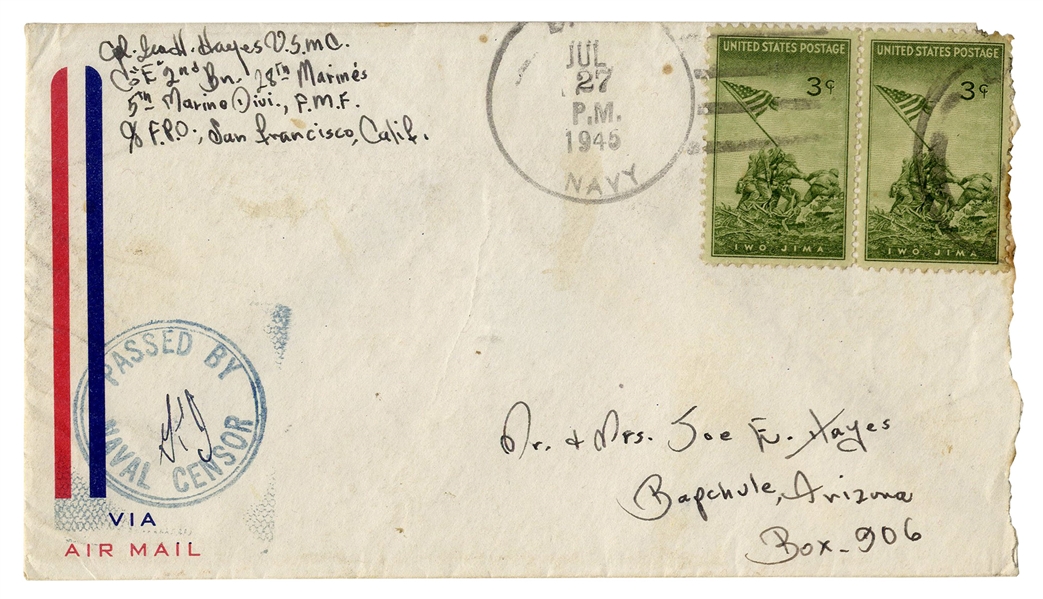 Iwo Jima Flag Raiser, Ira Hayes Envelope Signed in July 1945, With Two Iwo Jima Stamps