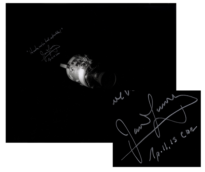 James Lovell Signed 20'' x 16'' Photo of Apollo 13's Damaged Service Module -- Lovell Adds, ''Houston, we've had a problem!''