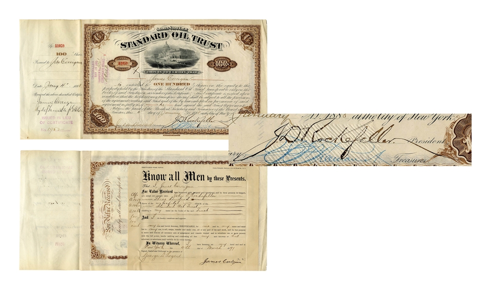 John D. Rockefeller Signed Stock Certificate for Standard Oil Trust -- Signed by Rockefeller as President in 1888