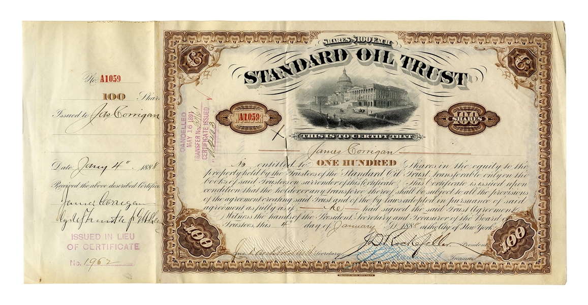 John D. Rockefeller Signed Stock Certificate for Standard Oil Trust -- Signed by Rockefeller as President in 1888