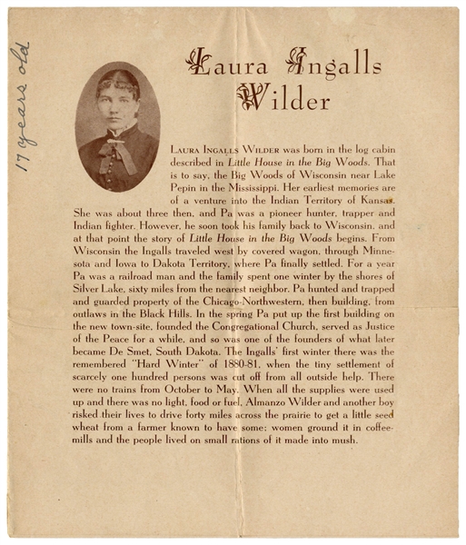 Laura Ingalls Wilder Signed Brochure, With Handwritten Note -- ''The farm is sold''