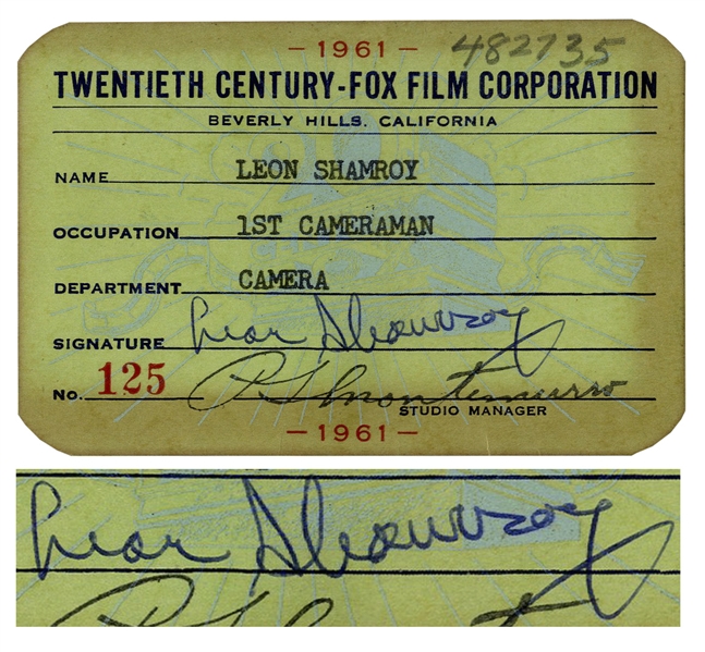 Cinematographer Leon Shamroy Signed Employee Card for 20th Century-Fox Film Corporation -- From 1961, Possibly When Shamroy Was Working on ''Cleopatra''