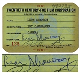 Cinematographer Leon Shamroy Signed Employee Card for 20th Century-Fox Film Corporation -- From 1961, Possibly When Shamroy Was Working on Cleopatra