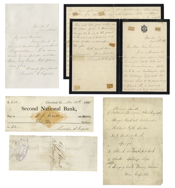 First Lady Lucretia Garfield Lot of Signed items -- Two Autograph Letters Signed, Check Signed & Signed List of School Supplies -- ''...Through them their Father speaks to me again...''