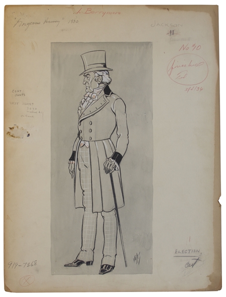 Oscar Winning Costume Designer, Arlington Valles Original Sketch for ''The Gorgeous Hussy'' 1936 MGM Film Starring Lionel Barrymore
