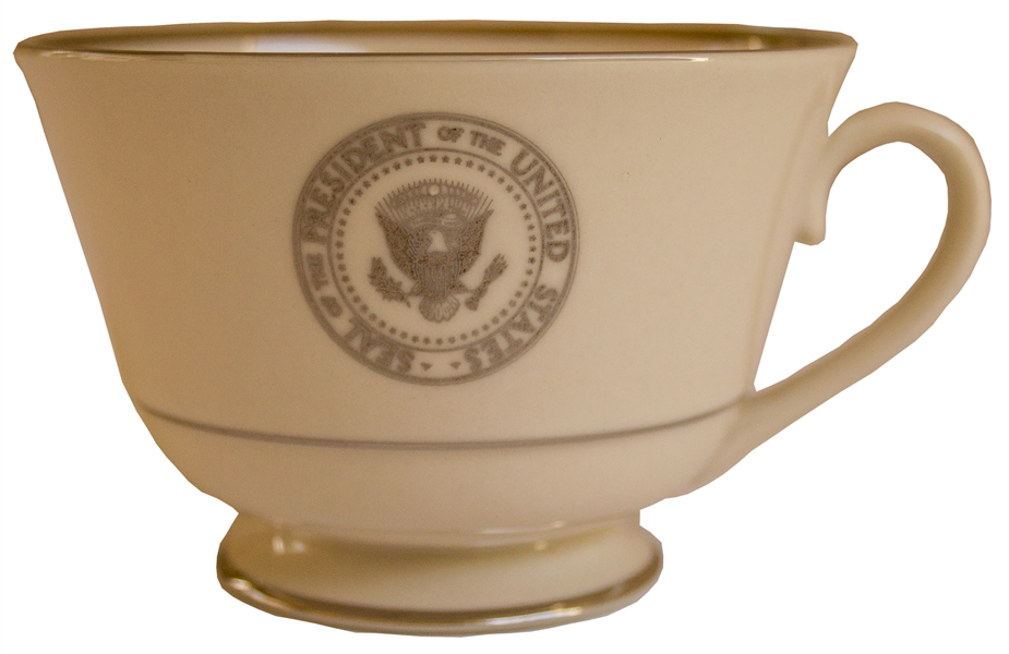 Tea Cup & Saucer From the Johnson, Nixon & Ford White Houses -- Rimmed in Silver & Likely Used on AF1