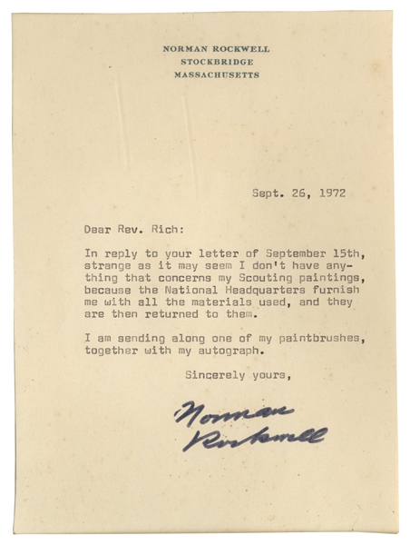 Norman Rockwell Personally Used Paintbrush -- With Letter Signed by Rockwell, Gifting the Paintbrush