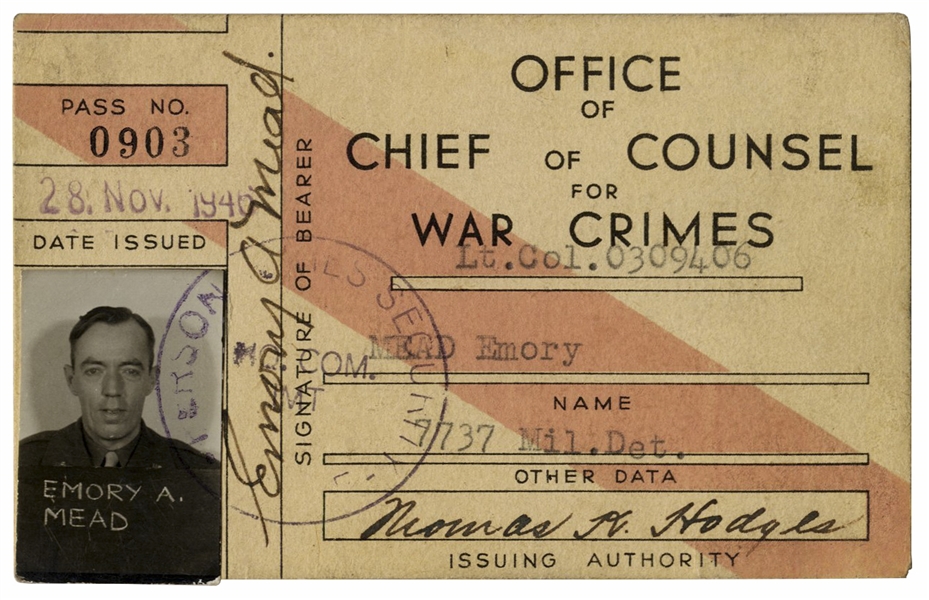 Nuremberg Trial Pass for the ''Doctors' Trial'' -- Rare Soldier's Pass Issued to U.S. Lt. Colonel Emory Mead Who Guarded the War Criminals
