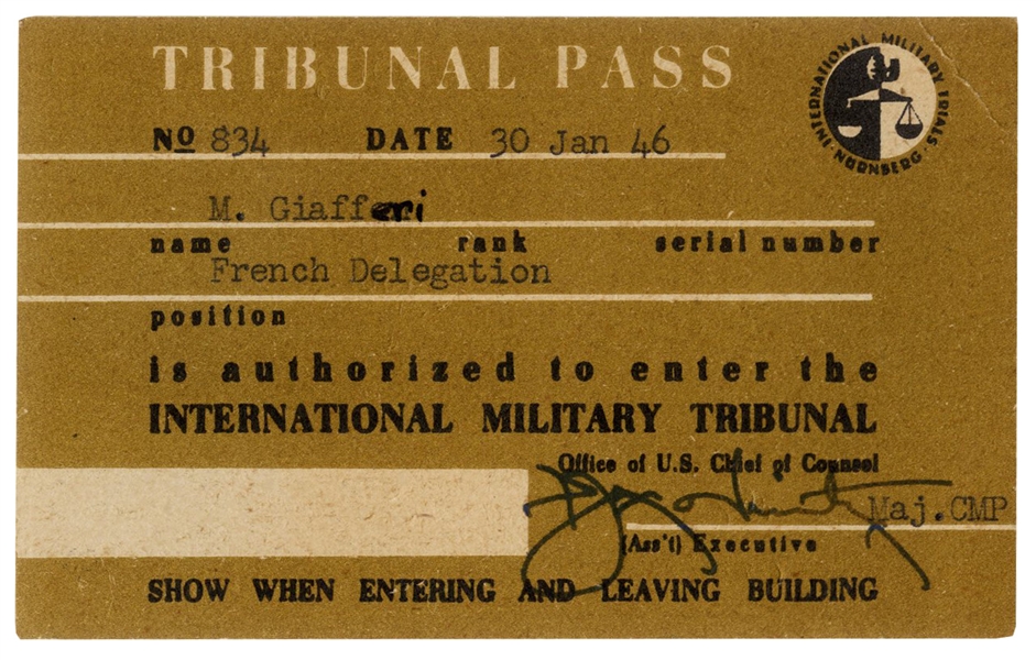 Nuremberg Trial Pass -- Issued in January 1946 for the International Military Tribunal Trial That Prosecuted the 24 Most Notorious Nazis