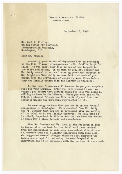 Orville Wright's Nephew Regarding the Infamous Smithsonian Label to Display the Kitty Hawk -- ''...so that the Smithsonian will never use the word in connection with any aircraft...''