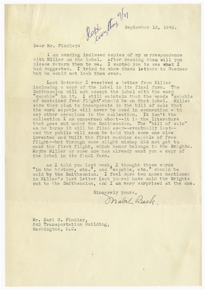 Orville Wright's Secretary Argues With the Smithsonian Regarding the Infamous Label to Display the Kitty Hawk -- ''...the words 'capable of sustained free flight' should be on that label...''
