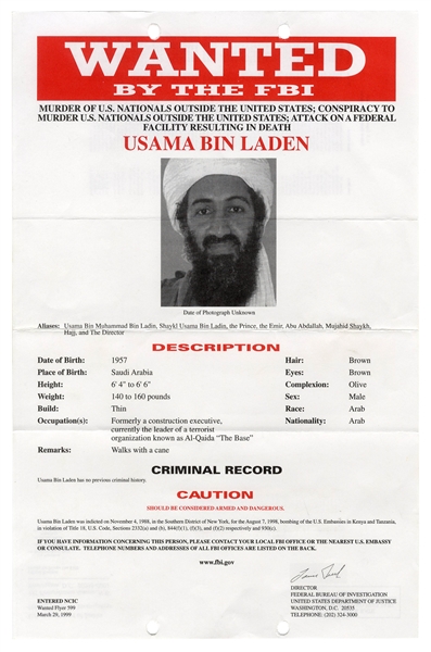 Rare ''Red'' Version of the Osama Bin Laden FBI Most Wanted Poster -- Before 9/11