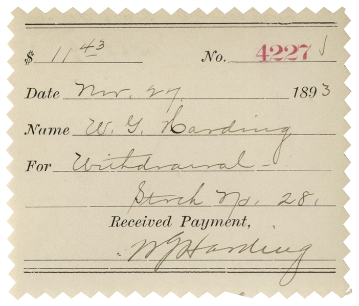 Warren Harding Signed Withdrawal Slip From His Bank in 1893