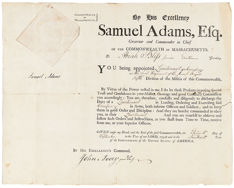 Samuel Adams Signed Military Appointment From 1794