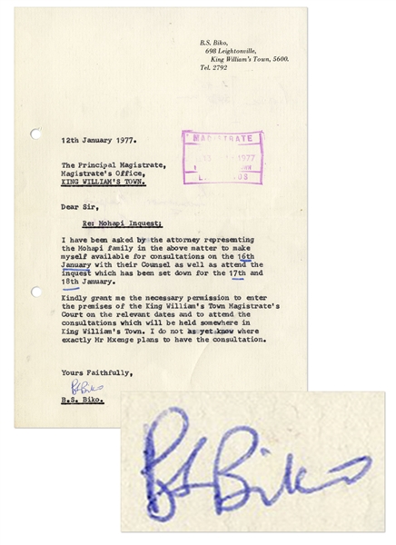 Steve Biko Letter Signed From 1977 -- Regarding the Death of Mapetla Mohapi Who Died in Police Custody in 1976, a Year Before Biko Met the Same Fate