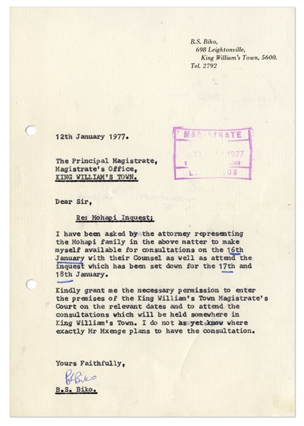 Steve Biko Letter Signed From 1977 -- Regarding the Death of Mapetla Mohapi Who Died in Police Custody in 1976, a Year Before Biko Met the Same Fate