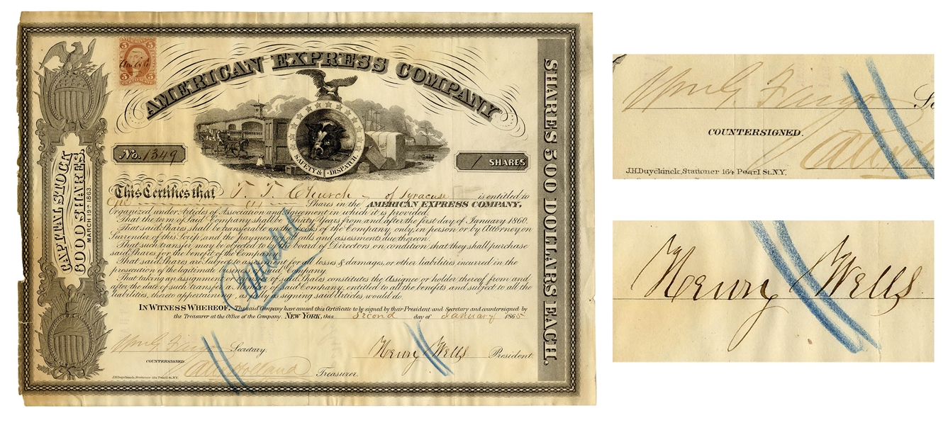 American Express Stock From 1865 Signed by Henry Wells and William Fargo, the 19th Century Businessmen Who Also Created Wells Fargo & Co.