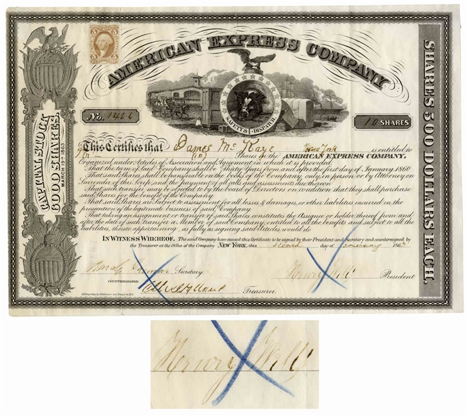 American Express Stock From 1863 Signed by Henry Wells of Wells Fargo Co.