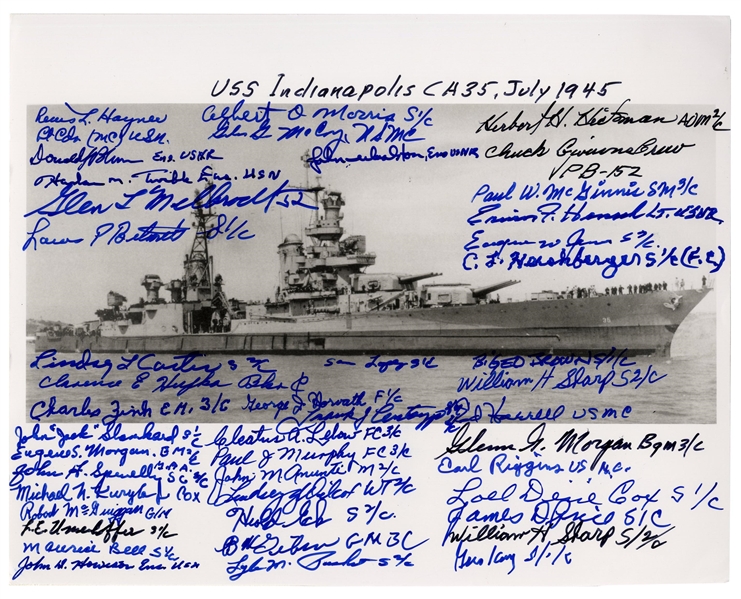 U.S.S. Indianapolis Survivors Signed 10'' x 8'' Photo -- Signed by 45 Survivors