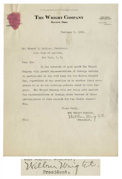 Wilbur Wright Letter Signed From 1912 in Which He, ''In the Interest of Good Sport'' Allows Patent Infringing ''Aeroplanes'' to Participate in World Famous Race