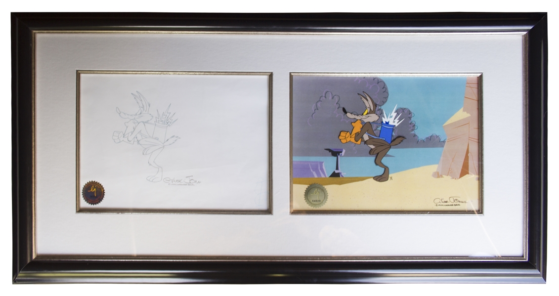 Chuck Jones Signed Animation Cel & Drawing from ''Chariots of Fur'' Featuring Wile E. Coyote