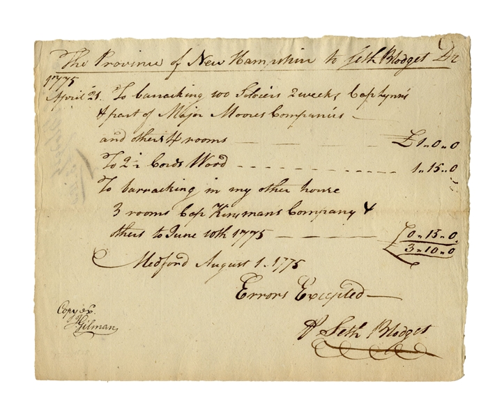 Revolutionary War Document Regarding the Siege of Boston -- Receipt for Lodging of Troops Who Fought at Bunker Hill