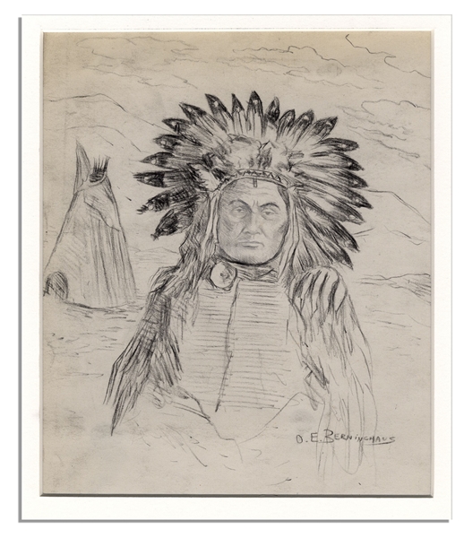 Rare Oscar Edmund Berninghaus ''Native American Chief'' Pencil Sketch Signed