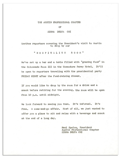 John F. Kennedy Press Kit -- Welcoming Him to Texas the Night of His Assassination