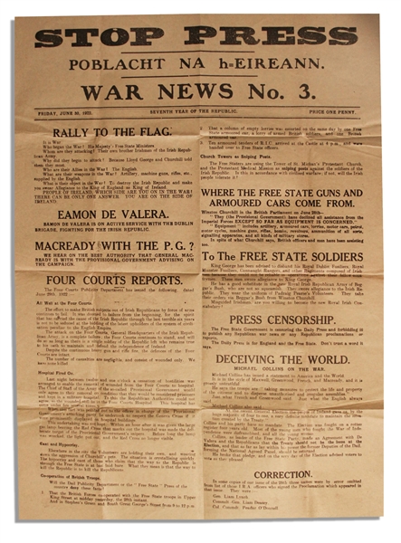 Irish Civil War Broadside Issued by the IRA -- Eamon de Valera Tells the Irish to ''Rally to the Flag'' and ''It is War''