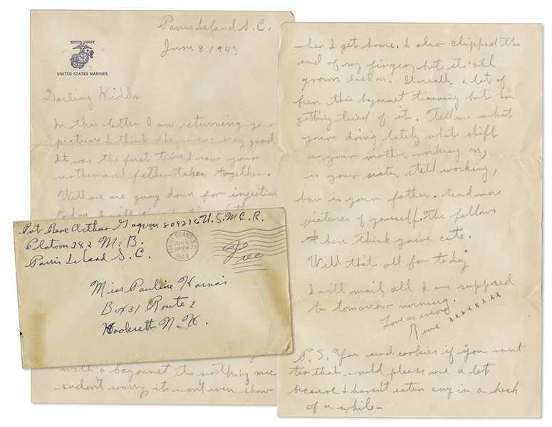 Rene Gagnon Autograph Letter Signed From WWII -- ''...I got clipped under the eye with a bayonet...Don't tell my mother...I also clipped the end of my finger...'' -- With Gagnon's Signed Envelope