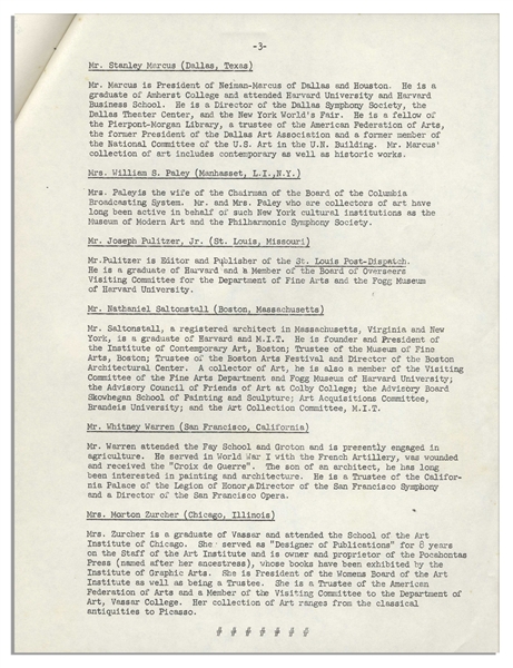 Official Jackie Kennedy White House Press Release -- Announcing the White House Permanent Art Collection Committee Members
