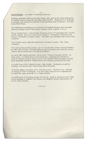 Press Release From 1961 Pertaining to Jackie Kennedy's Famous Renovation of the White House