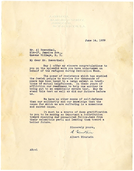 Albert Einstein Letter Signed During WWII -- …The power of resistance which has enabled the Jewish people to survive…our readiness to help one another is being put to an especially severe test…