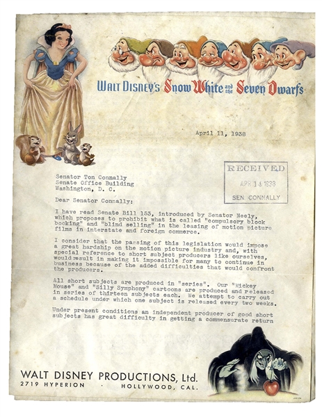 Fantastic Walt Disney Letter Signed From 1938 Regarding Neely Anti-Trust Legislation -- …If we had known before entering into the production of 'SNOW WHITE AND THE SEVEN DWARFS'…hazardous venture…