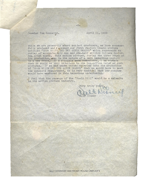 Fantastic Walt Disney Letter Signed From 1938 Regarding Neely Anti-Trust Legislation -- …If we had known before entering into the production of 'SNOW WHITE AND THE SEVEN DWARFS'…hazardous venture…