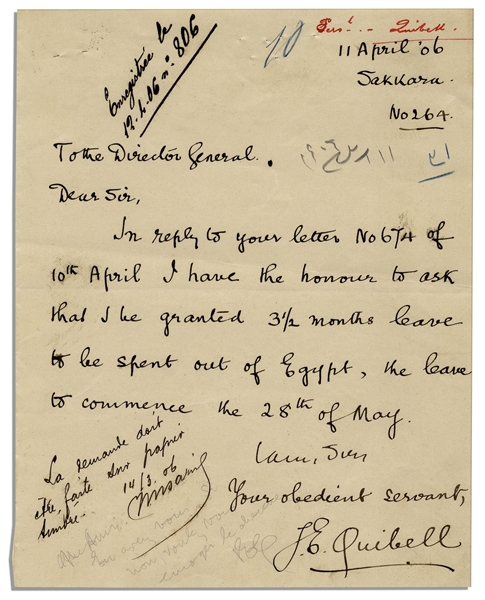 Valley of the Kings Egyptologist James E. Quibell Autograph Letter Signed From 1906 -- ''...that I may be granted 3 1/2 months leave to be spent out of Egypt...''