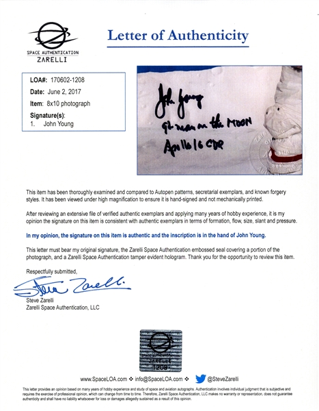John Young Signed 8'' x 10'' Photo in His White Spacesuit -- ''9th man on the MOON'' -- With Steve Zarelli COA